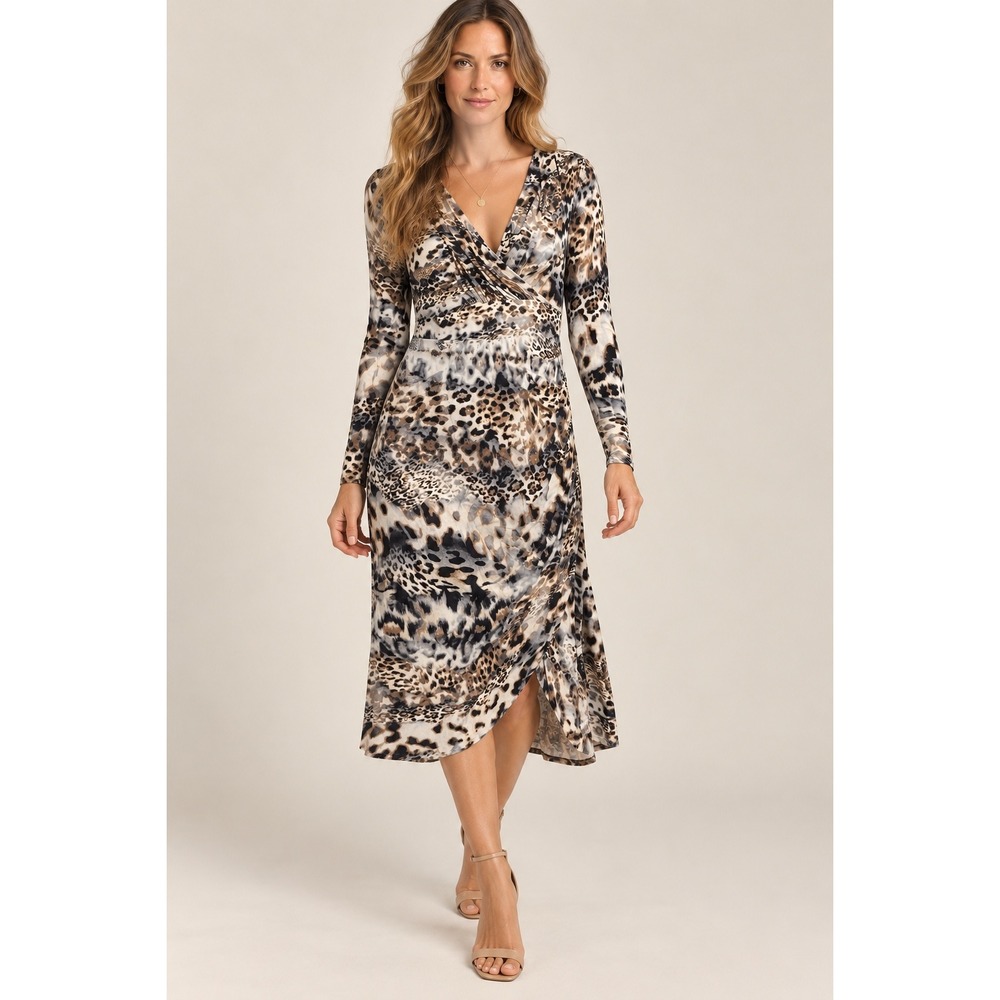 Karen Kane Womens Leopard Print Faux Wrap Midi Dress Long Sleeve V-Neck Small
